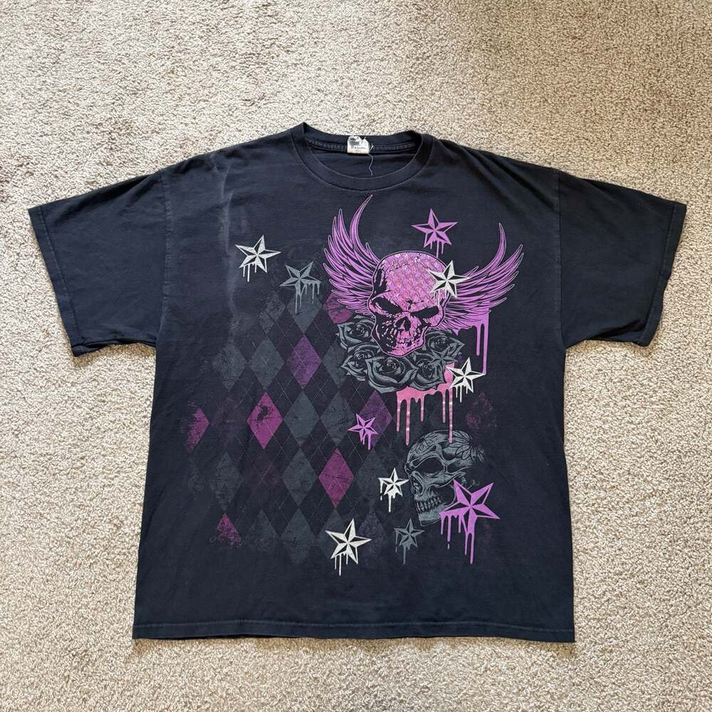 Vintage Y2K Graphic Skull and Roses Argyle Print T-Shirt